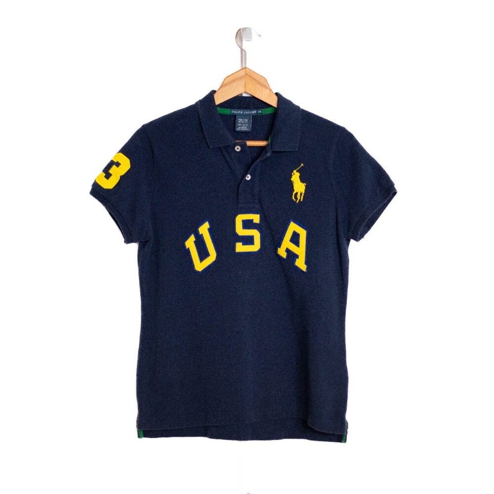 VTG Ralph Lauren Men’s Polo‎ Shirt L Slim Fit Navy Blue Big Pony 3 Patch USA